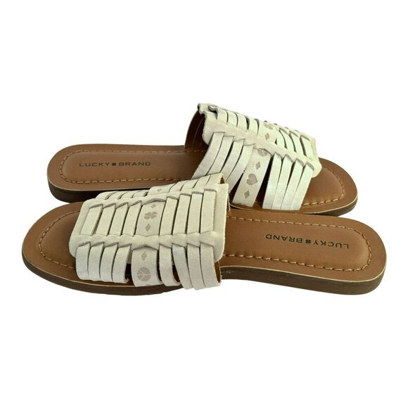 Lucky Brand Women’s Baneen Leather Strappy Slide Sandals Putty Sz 6.5M 36.5 NEW - Picture 2 of 6